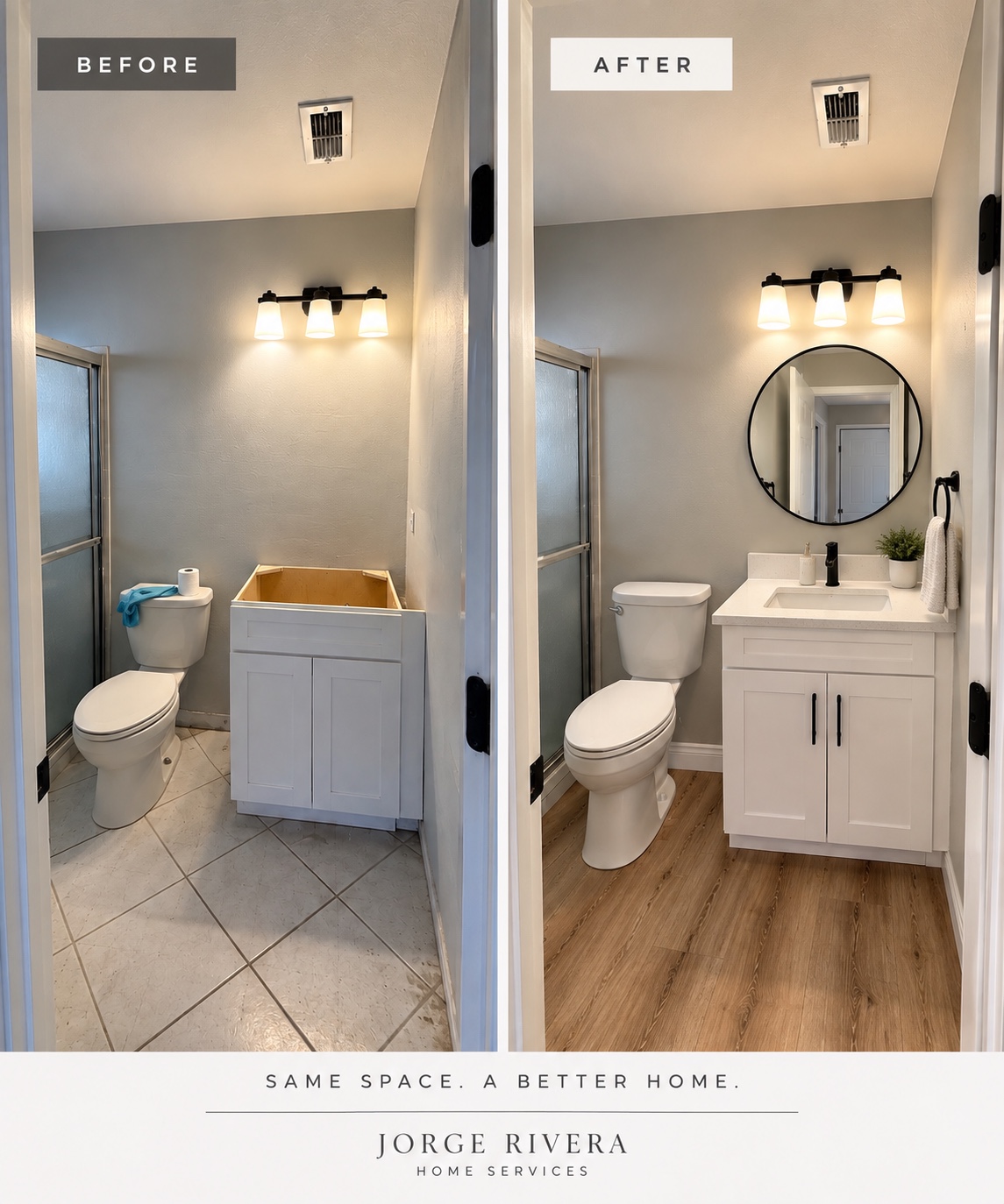 Before and after of bathroom with white vanity, round mirror and new flooring
