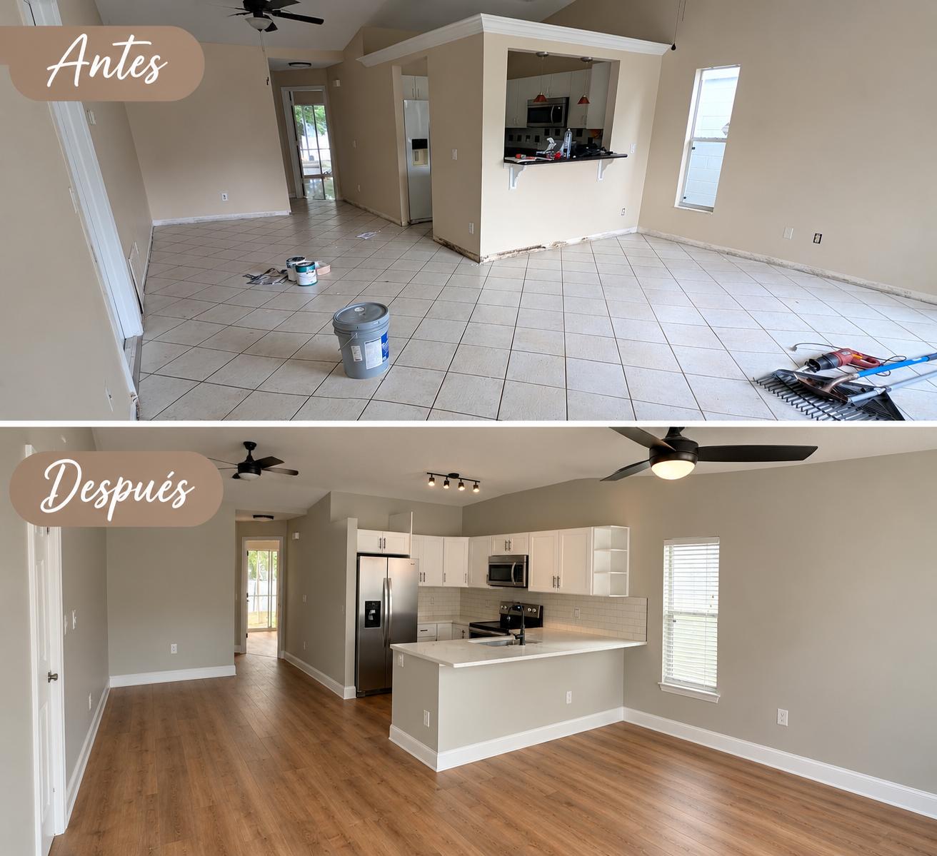 Kitchen, flooring and painting before-and-after comparison